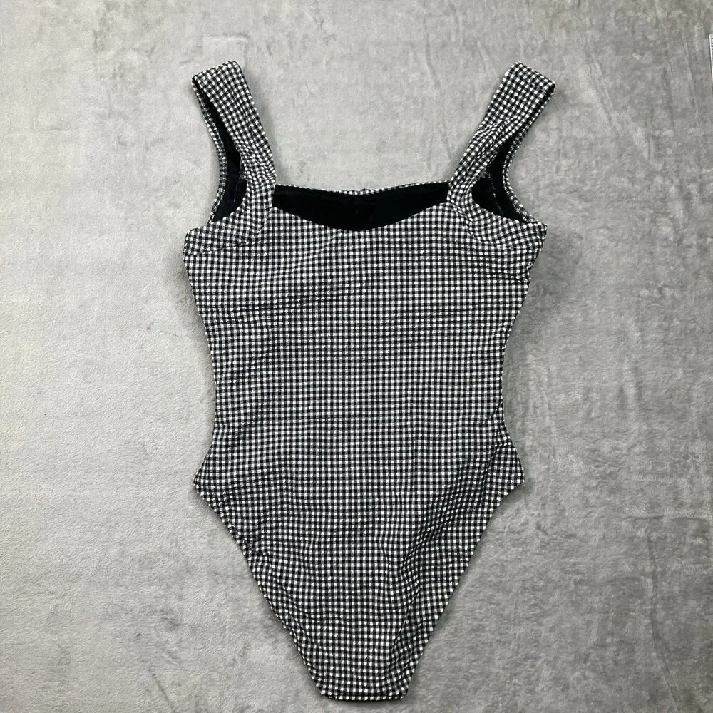 J Crew Nia Gingham Ruched Squareneck One-Piece Swimsuit Womens 10 Black & White